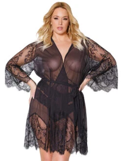 Coquette Lace Short Robe 11 Coquette Lace Short Robe -FOREVER YOUR LINGERIE 22309XLaceShortRobeFrontPlus