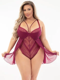 Escante Flyaway Skirted Teddy 9 Escante Flyaway Skirted Teddy -FOREVER YOUR LINGERIE 30411WinePlusFront2