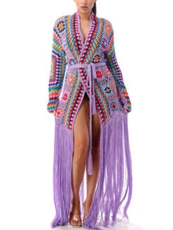 Long Sleeve Crochet Fringe Robe 8 Long Sleeve Crochet Fringe Robe -FOREVER YOUR LINGERIE BoswellLongSleeveCrochetFringeRobeMSC1303LavenderFront