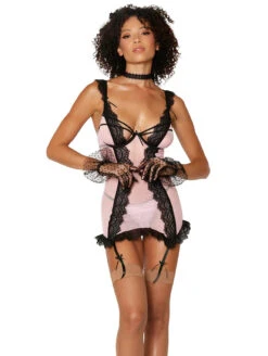 Dreamgirl Lace And Mesh Garter Slip Set 8 Dreamgirl Lace And Mesh Garter Slip Set -FOREVER YOUR LINGERIE DreamgirlLaceandMeshGarterSlipBlackPink12783XFront